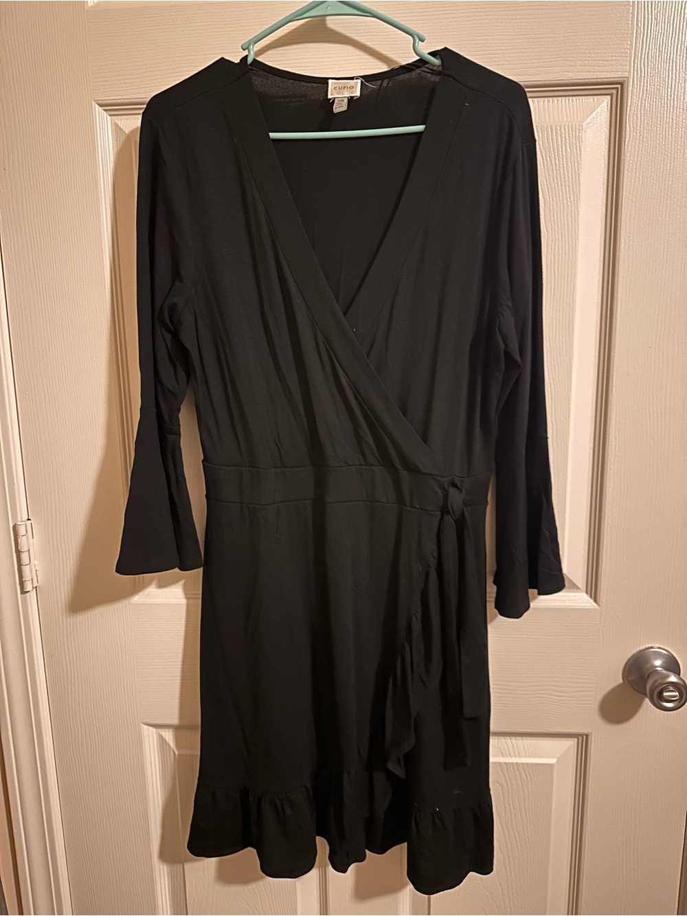 Cupio Black Long-Sleeve Wrap Dress with Ruffle Hem